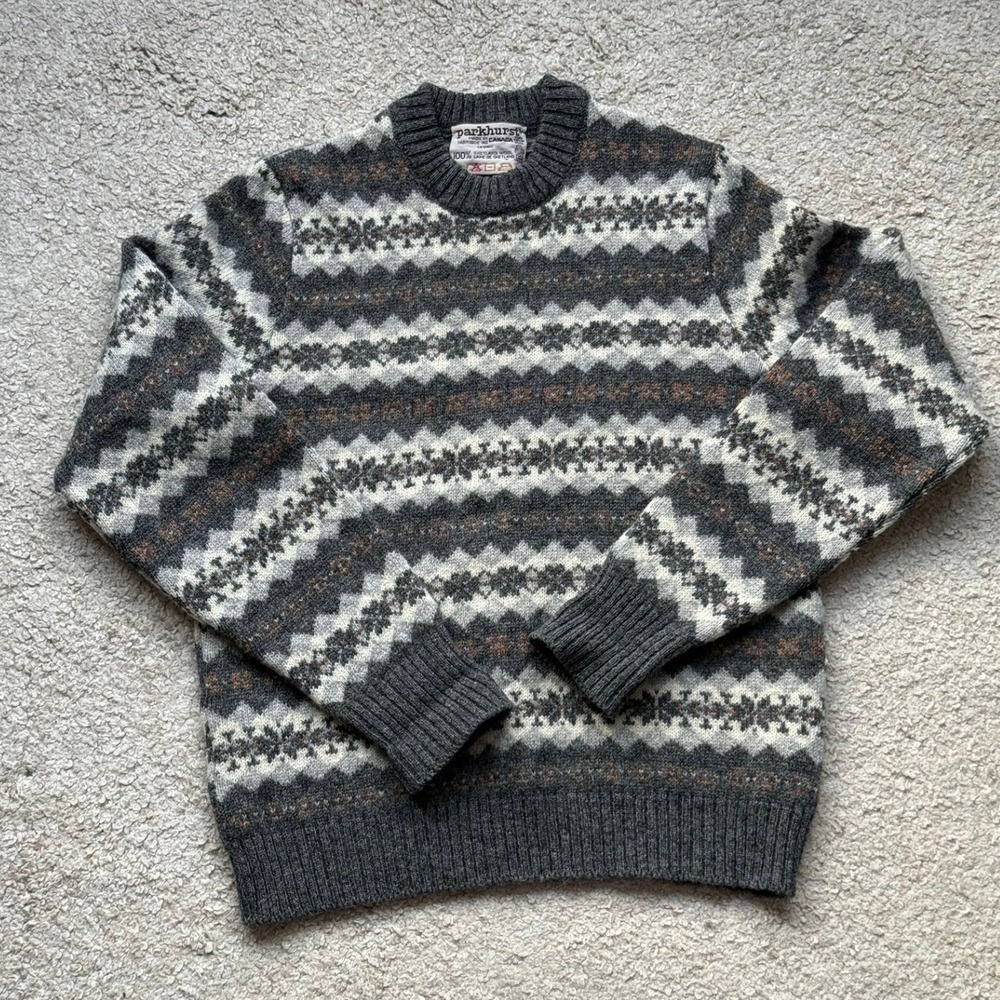 Parkhurst Shetland Wool Sweater Grey Fair Isle Crewneck Made in Canada XS